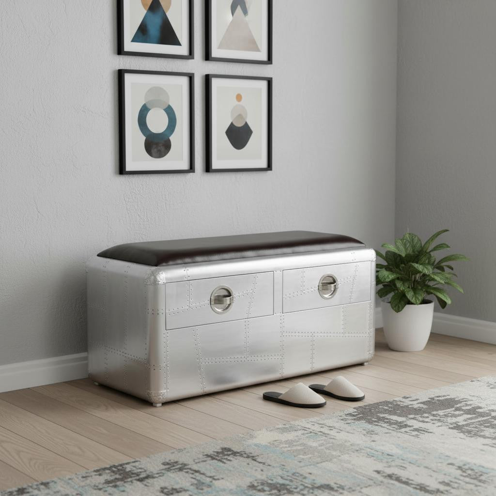 44" Black and Silver Genuine Leather and Metal Upholstered Storage Bench with Drawers
