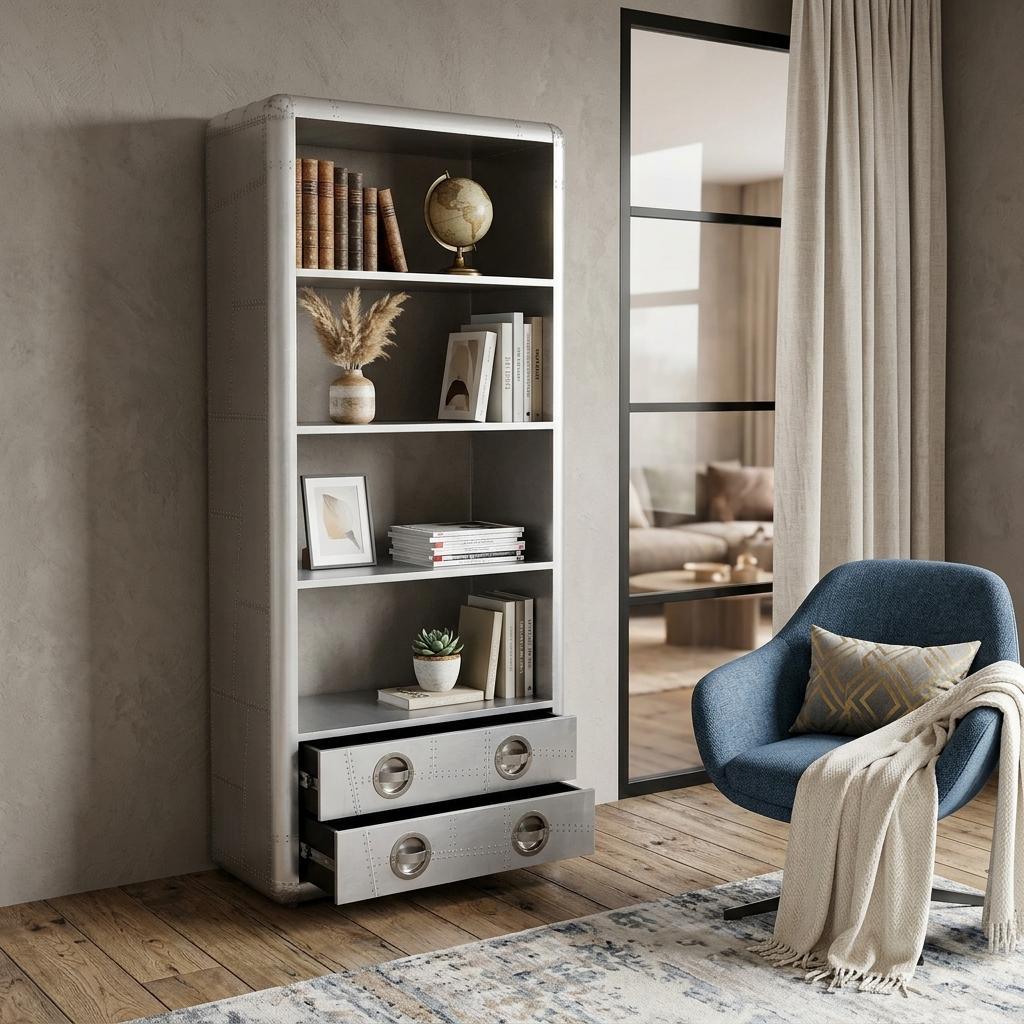 71" Silver Aluminum Four Tier Bookcase with Two Drawers