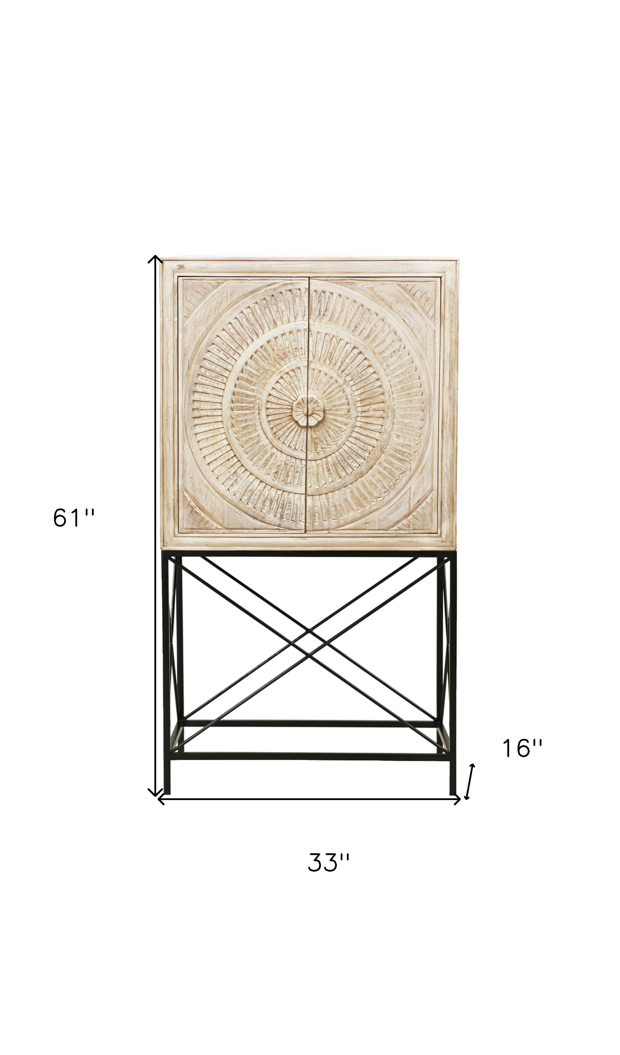 33" Distressed White Solid Wood Two Door Floral Carved Wine Cabinet
