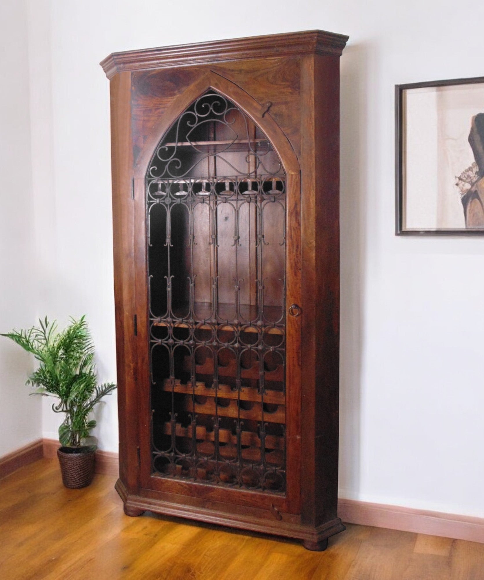 44" Dark Brown Solid Wood And Iron Bar Cabinet With Three Shelves