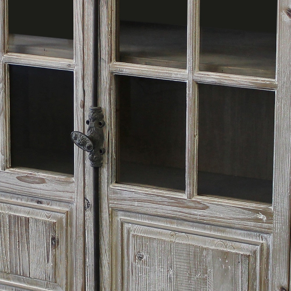 83" White Wash Gray Solid Wood Four Door Side Board with Glass Inserts