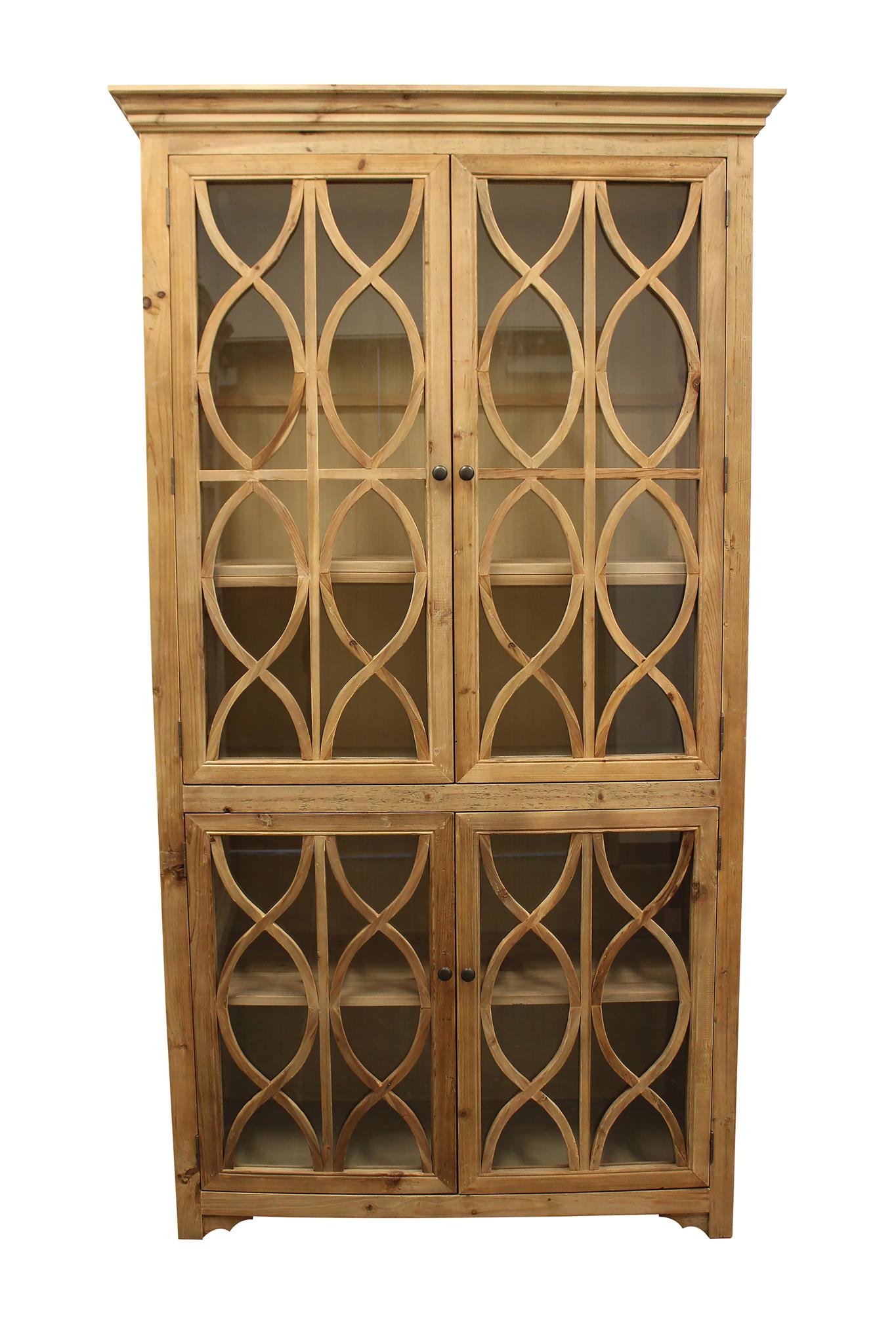 47" Natural Solid Wood Carved Geometric Accent Cabinet With Four Doors