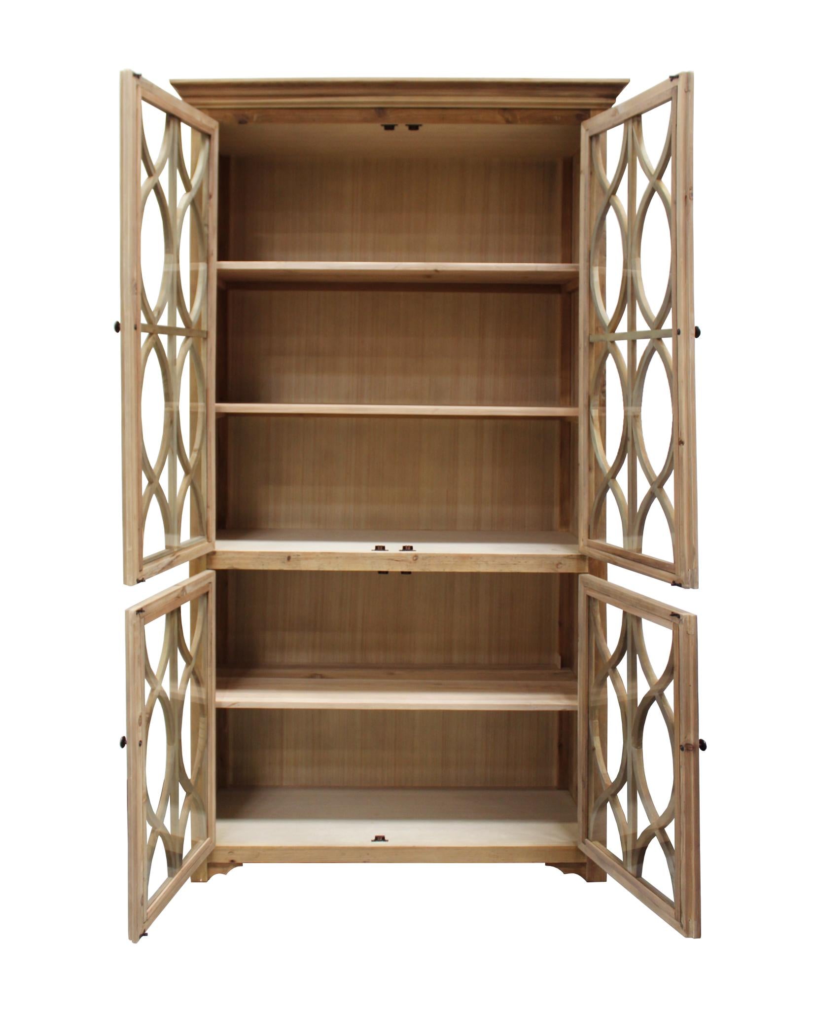 47" Natural Solid Wood Carved Geometric Accent Cabinet With Four Doors
