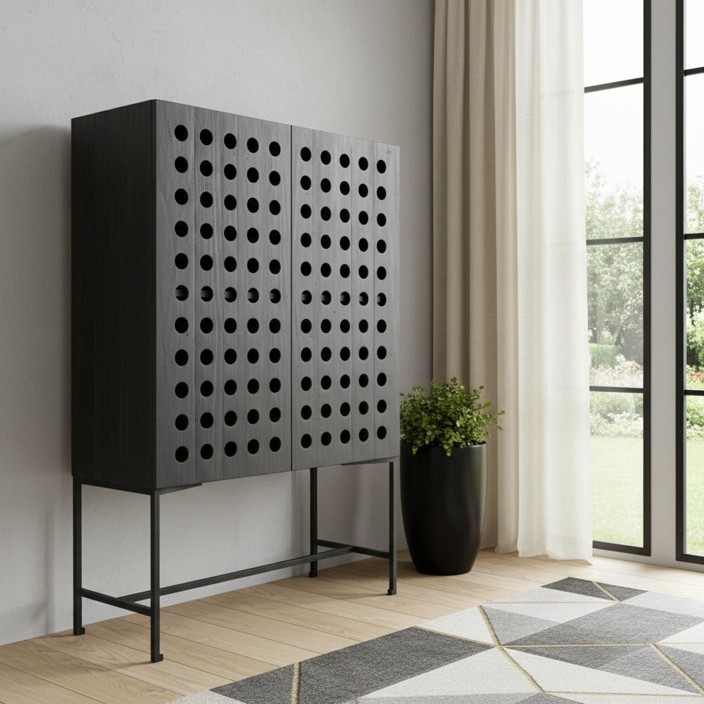 48" Dark Gray Solid Wood and Metal Holey Two Door Accent Chest