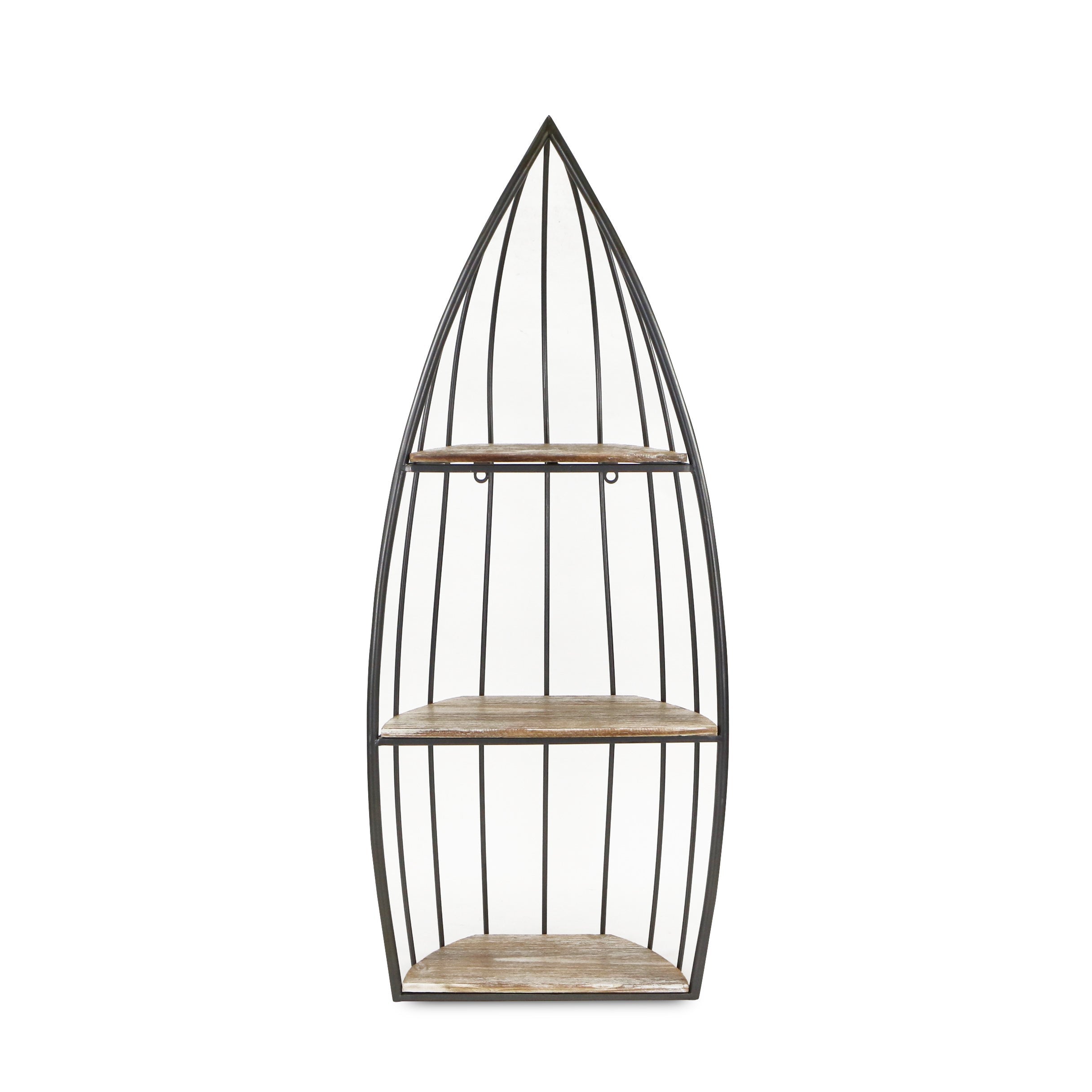 37" Gray And Natural Metal and Wood Boat Shaped Bookcase