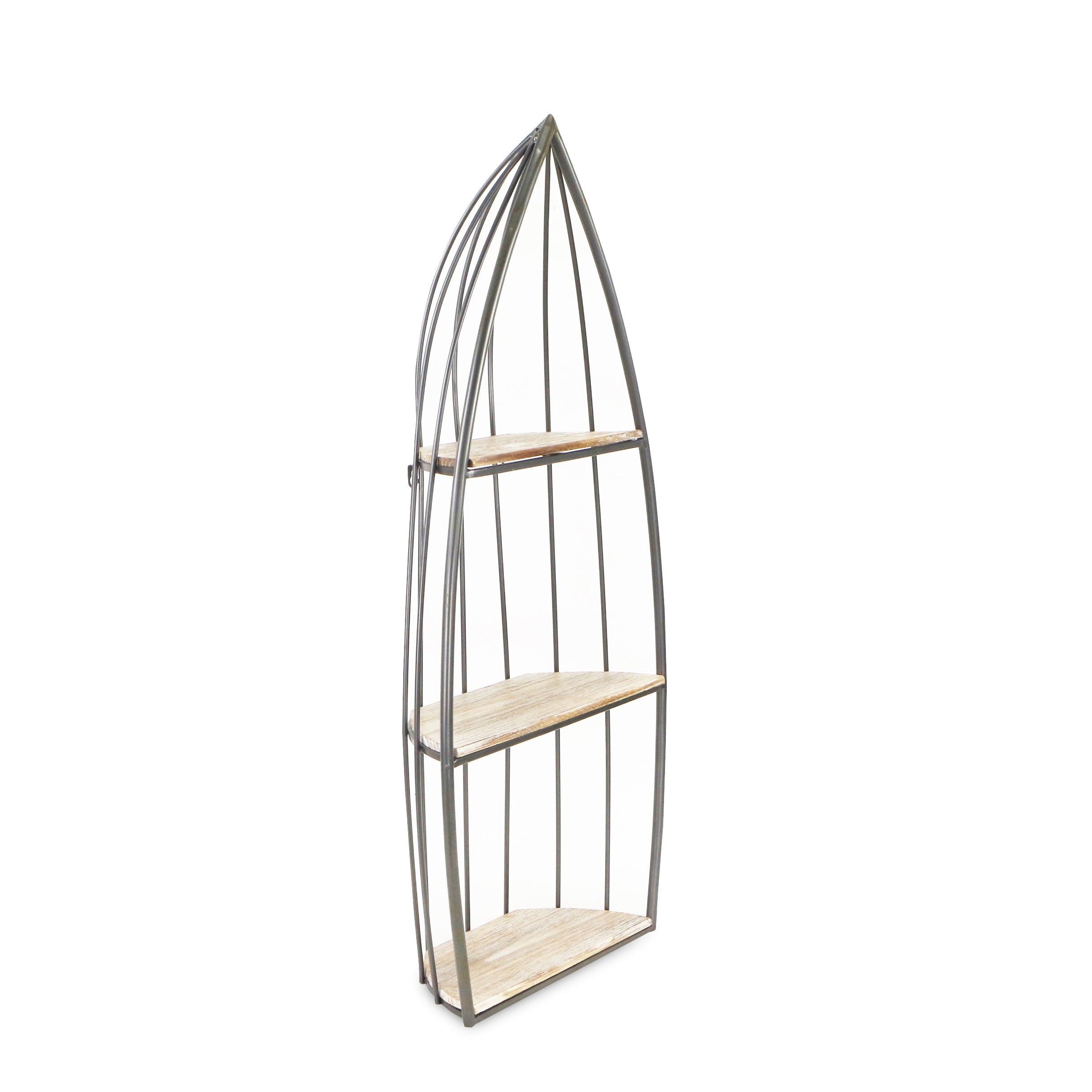 37" Gray And Natural Metal and Wood Boat Shaped Bookcase