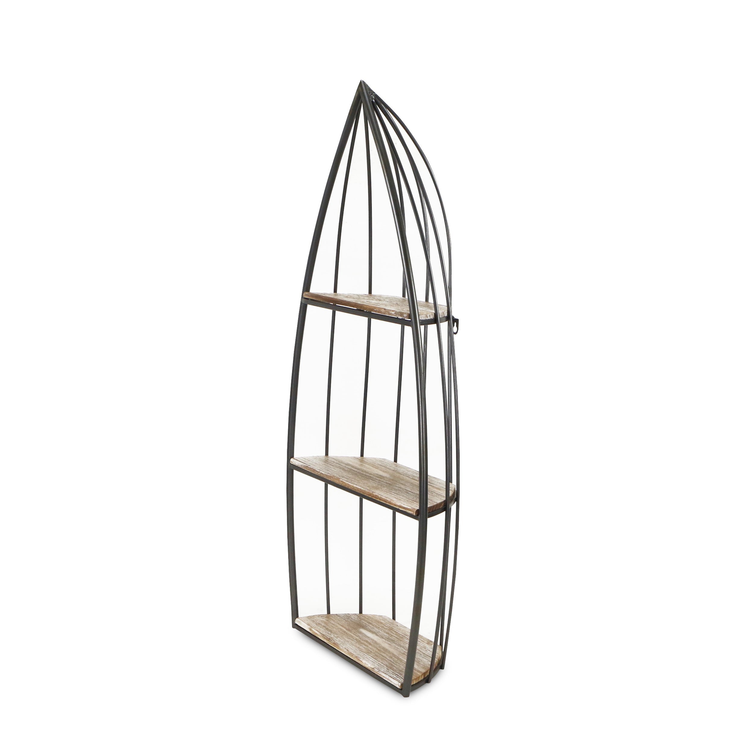 37" Gray And Natural Metal and Wood Boat Shaped Bookcase
