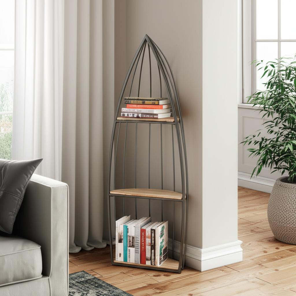 37" Gray And Natural Metal and Wood Boat Shaped Bookcase