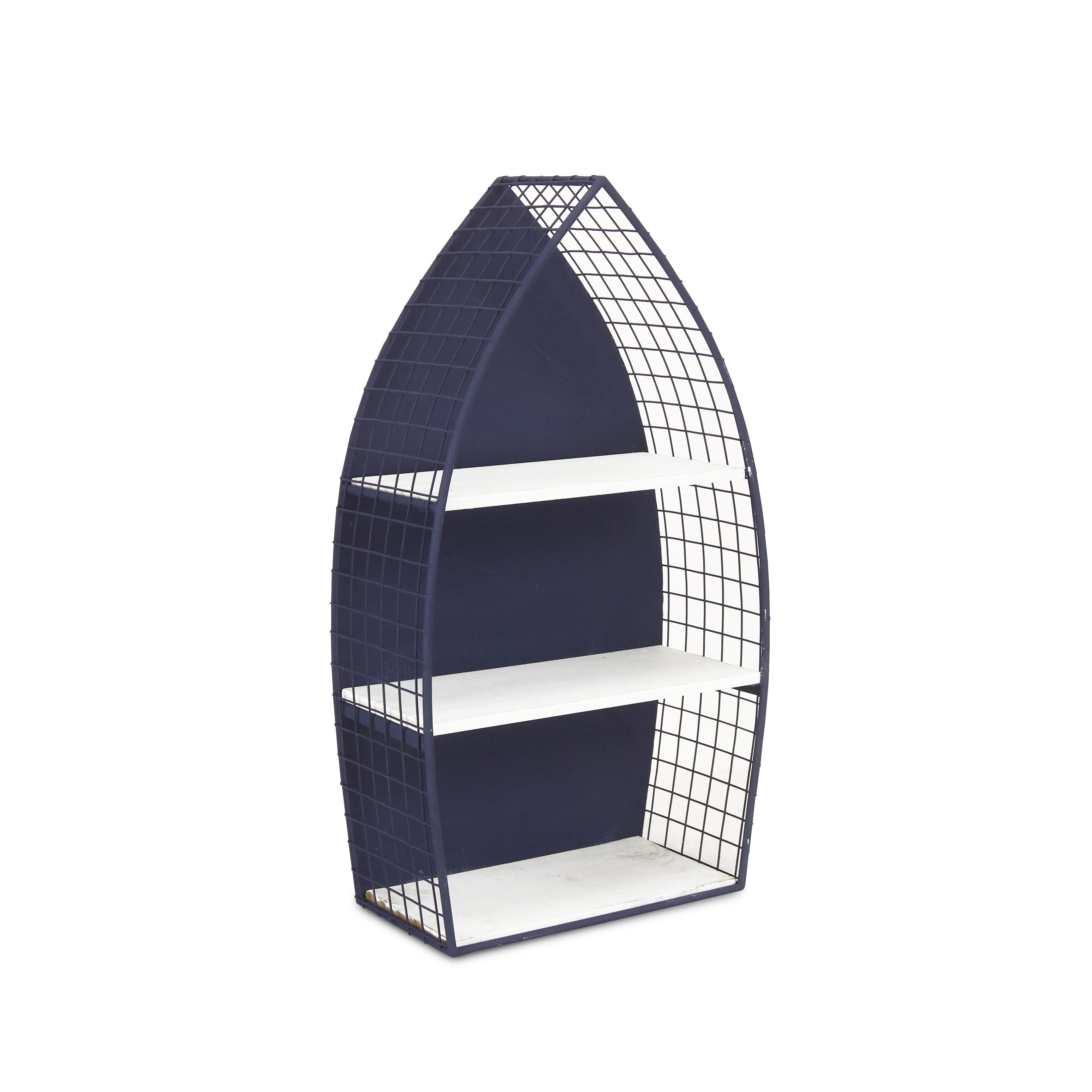 24" Navy Blue And White Metal and Wood Boat Shaped Bookcase