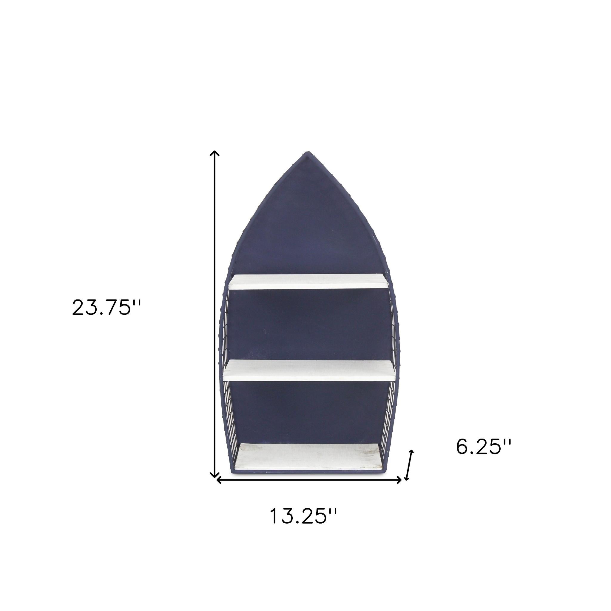24" Navy Blue And White Metal and Wood Boat Shaped Bookcase
