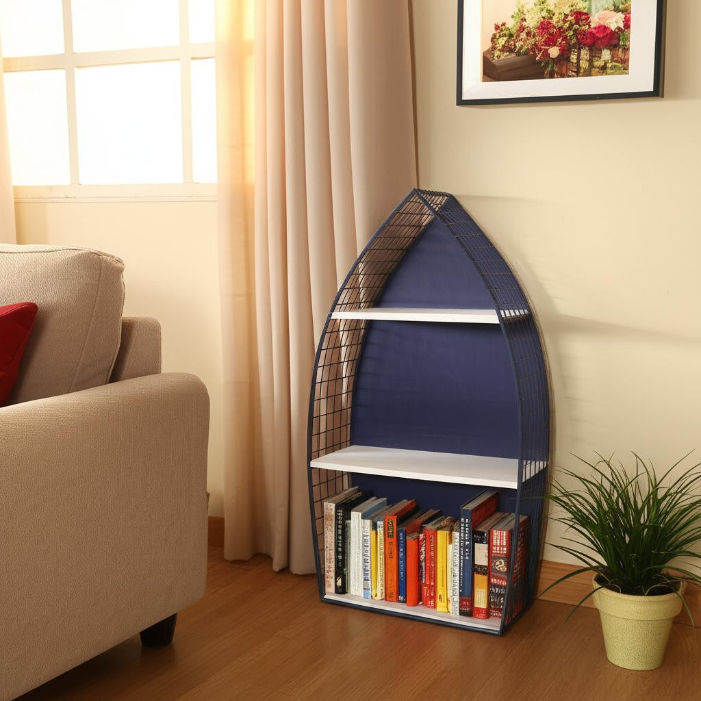 24" Navy Blue And White Metal and Wood Boat Shaped Bookcase