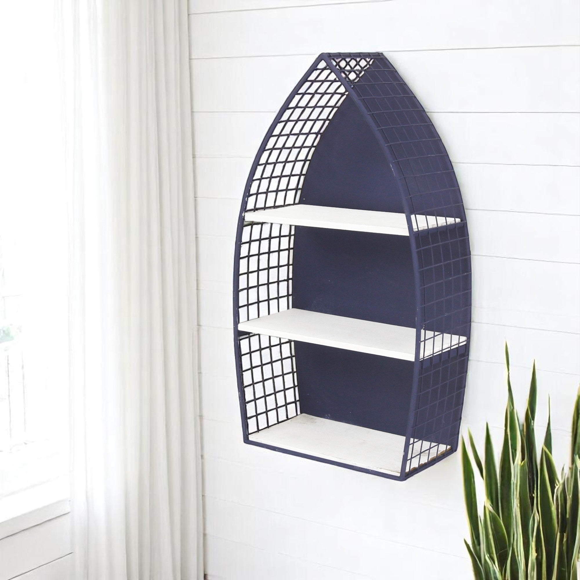 24" Navy Blue And White Metal and Wood Boat Shaped Bookcase