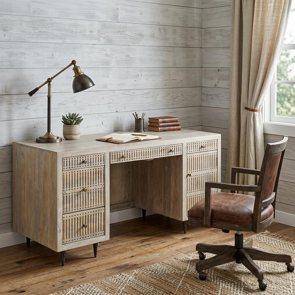 64" Ivory and Silver Solid Wood Executive Desk With Five Drawers