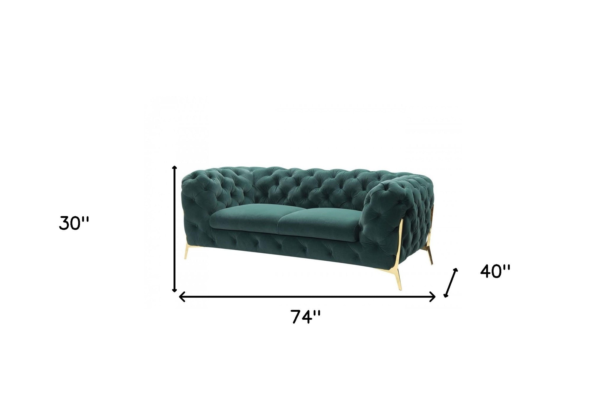74" Dark Green Tufted Velvet And Gold Chesterfield Love Seat