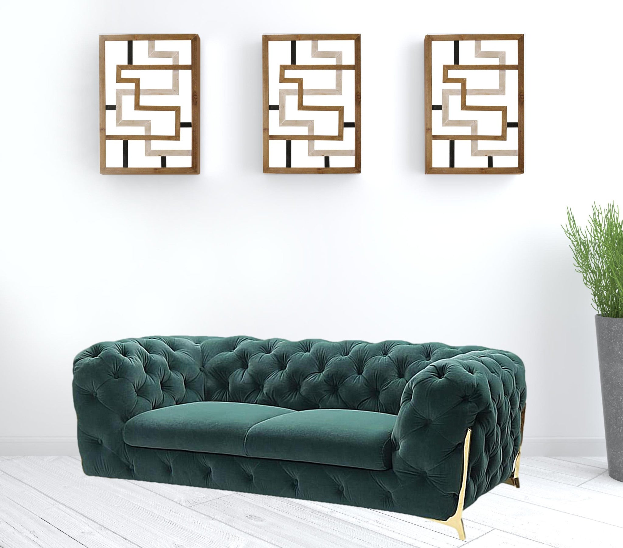 74" Dark Green Tufted Velvet And Gold Chesterfield Love Seat