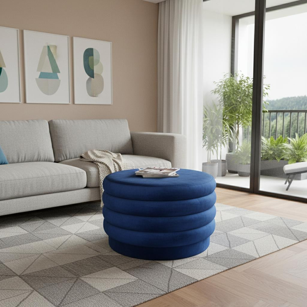 31" Blue Velvet Tufted Round Cocktail Ottoman