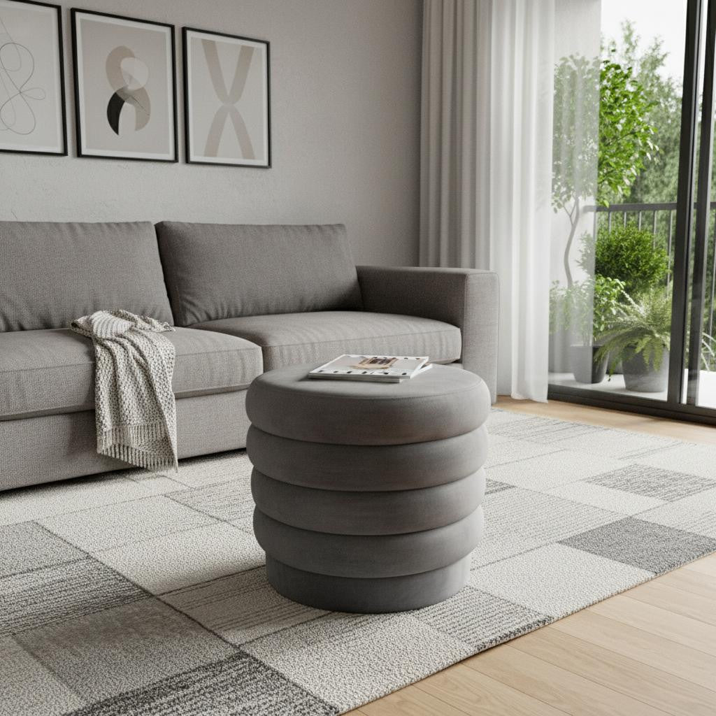 21" Gray Velvet Tufted Round Cocktail Ottoman