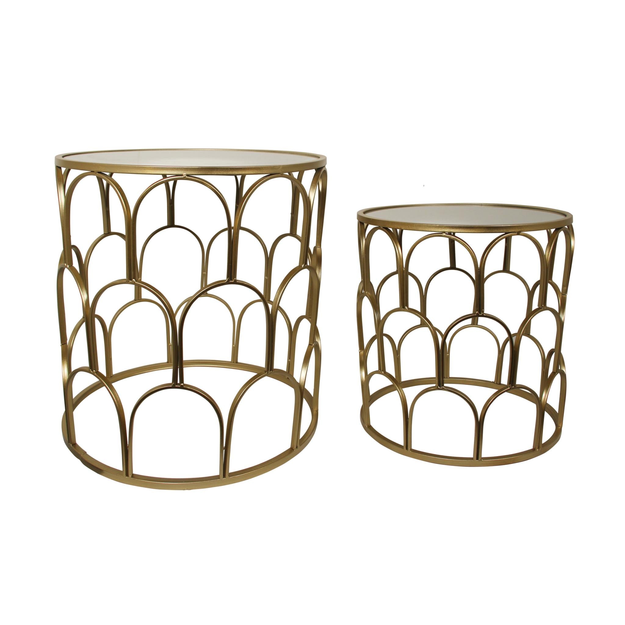Set of Two Gold Steel And Mirrored Glass Round Drum End Tables