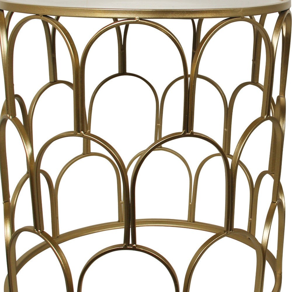 Set of Two Gold Steel And Mirrored Glass Round Drum End Tables