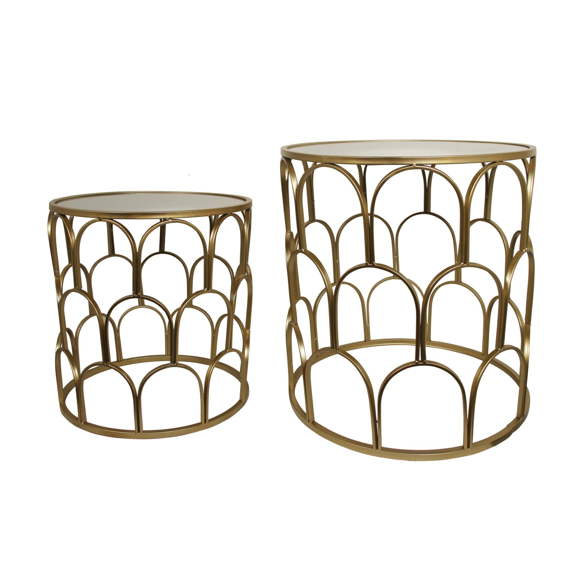 Set of Two Gold Steel And Mirrored Glass Round Drum End Tables