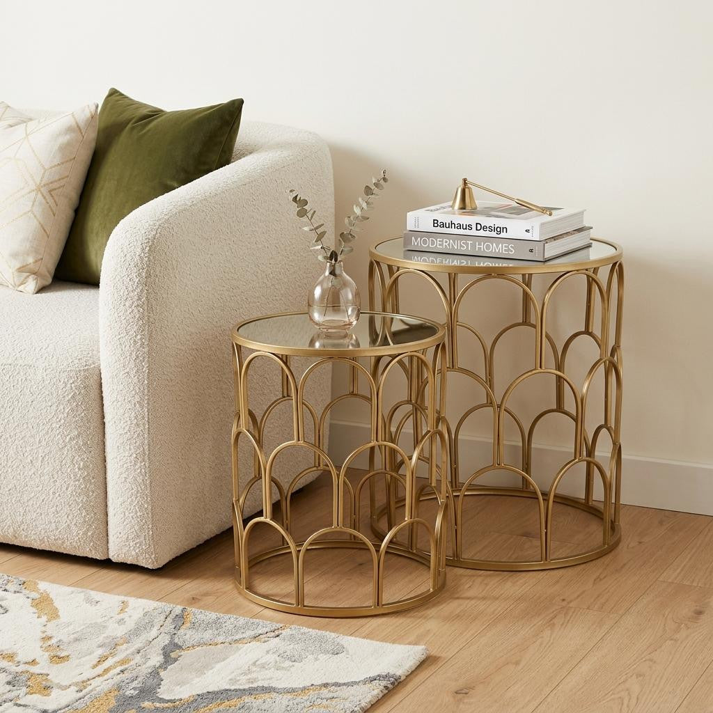Set of Two Gold Steel And Mirrored Glass Round Drum End Tables