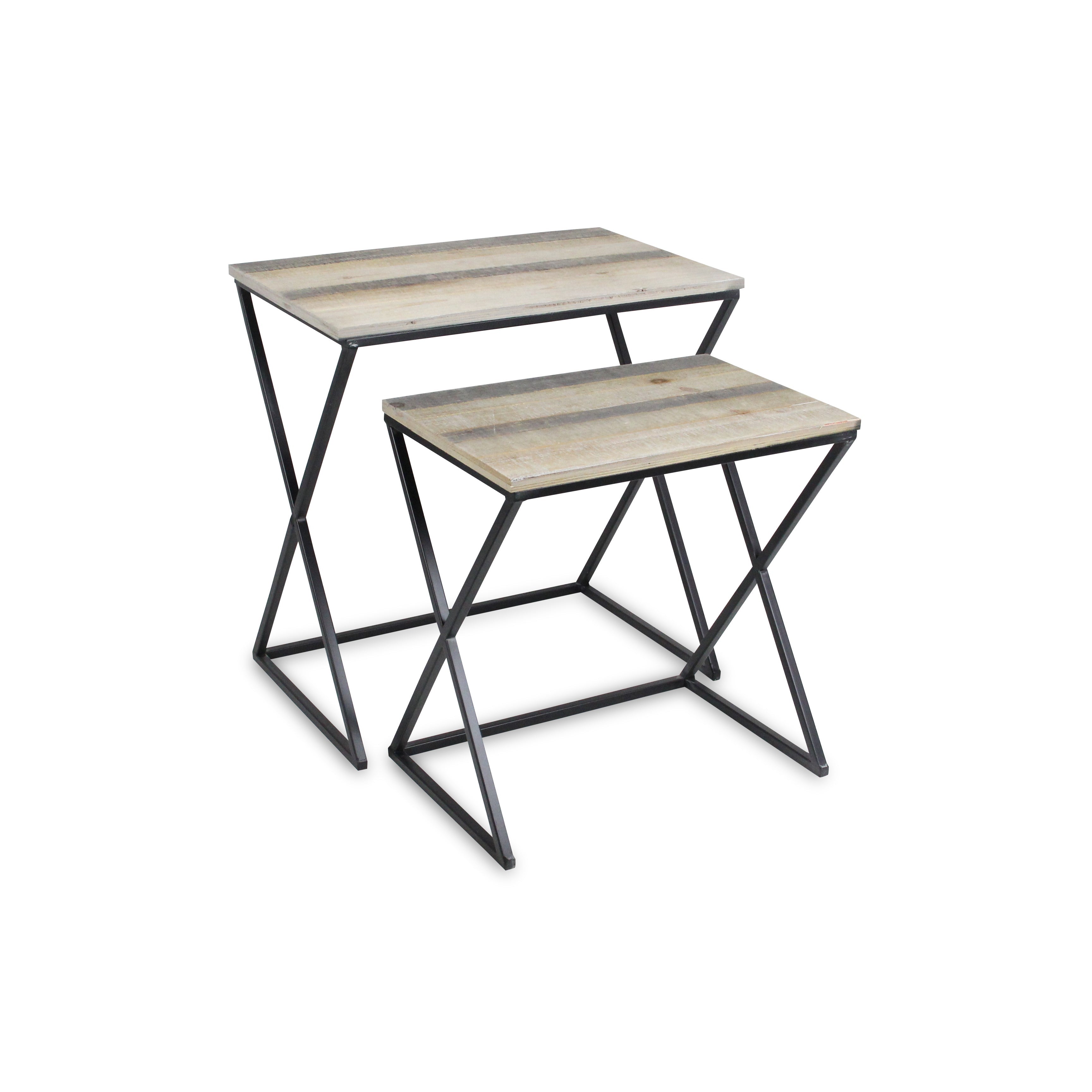 Set of Two Natural and Black Distressed Solid Wood and Steel Frame Nested Tables