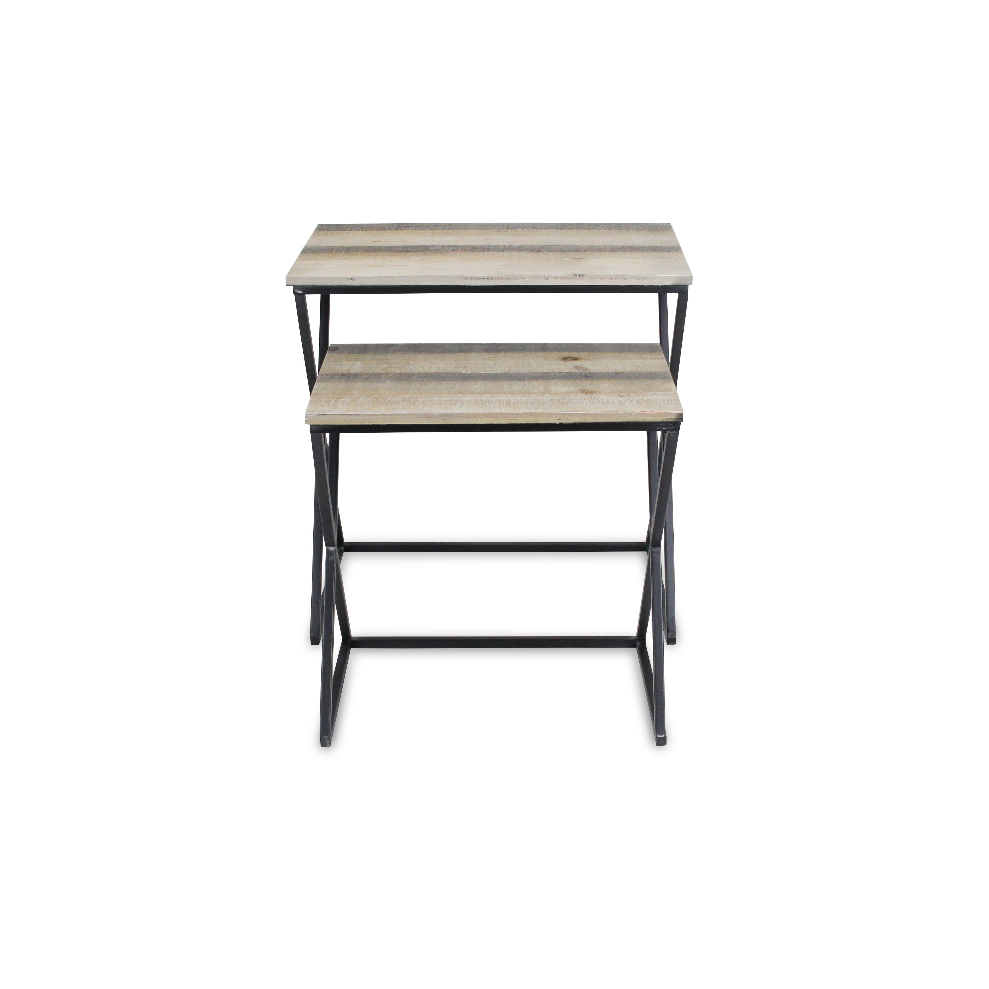 Set of Two Natural and Black Distressed Solid Wood and Steel Frame Nested Tables