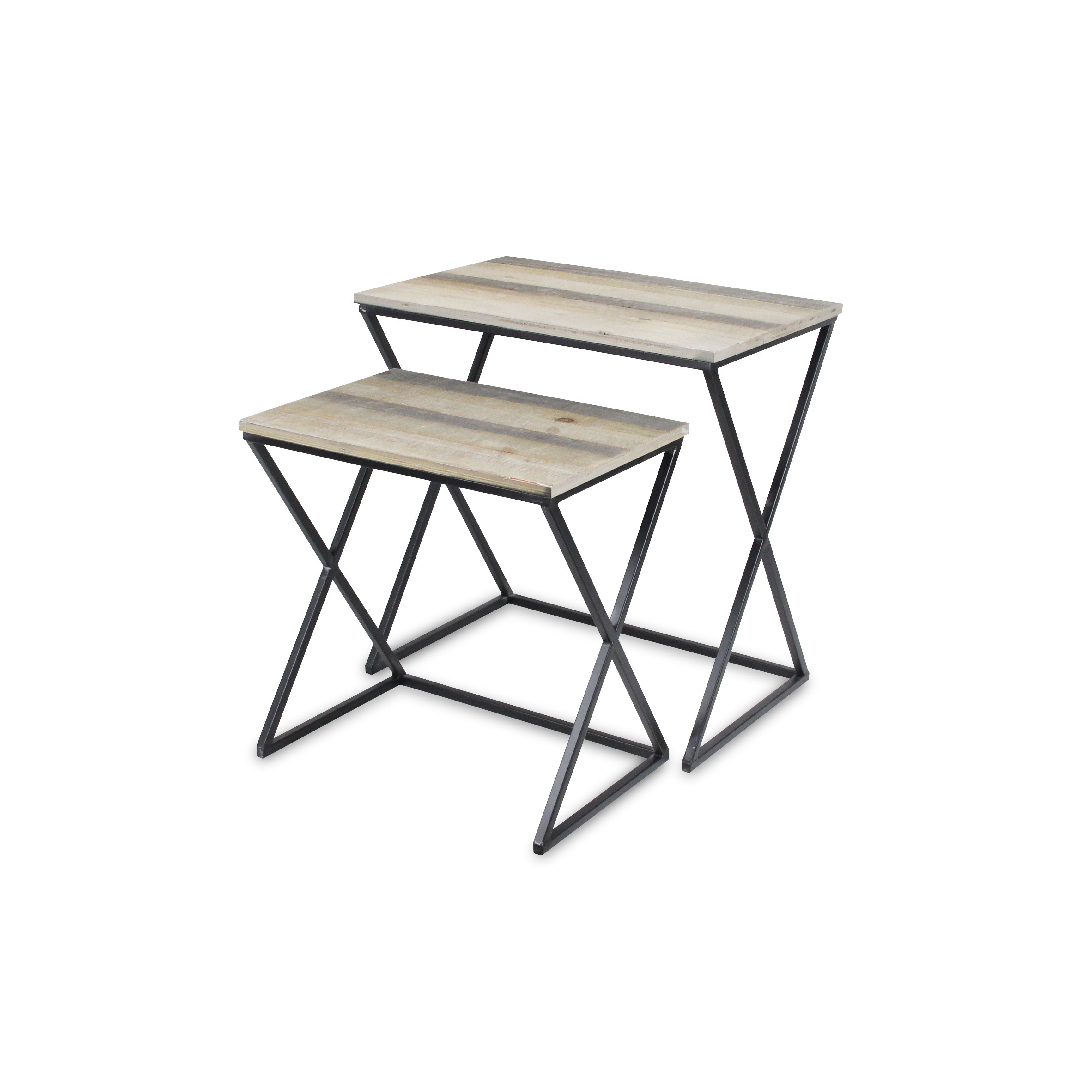Set of Two Natural and Black Distressed Solid Wood and Steel Frame Nested Tables