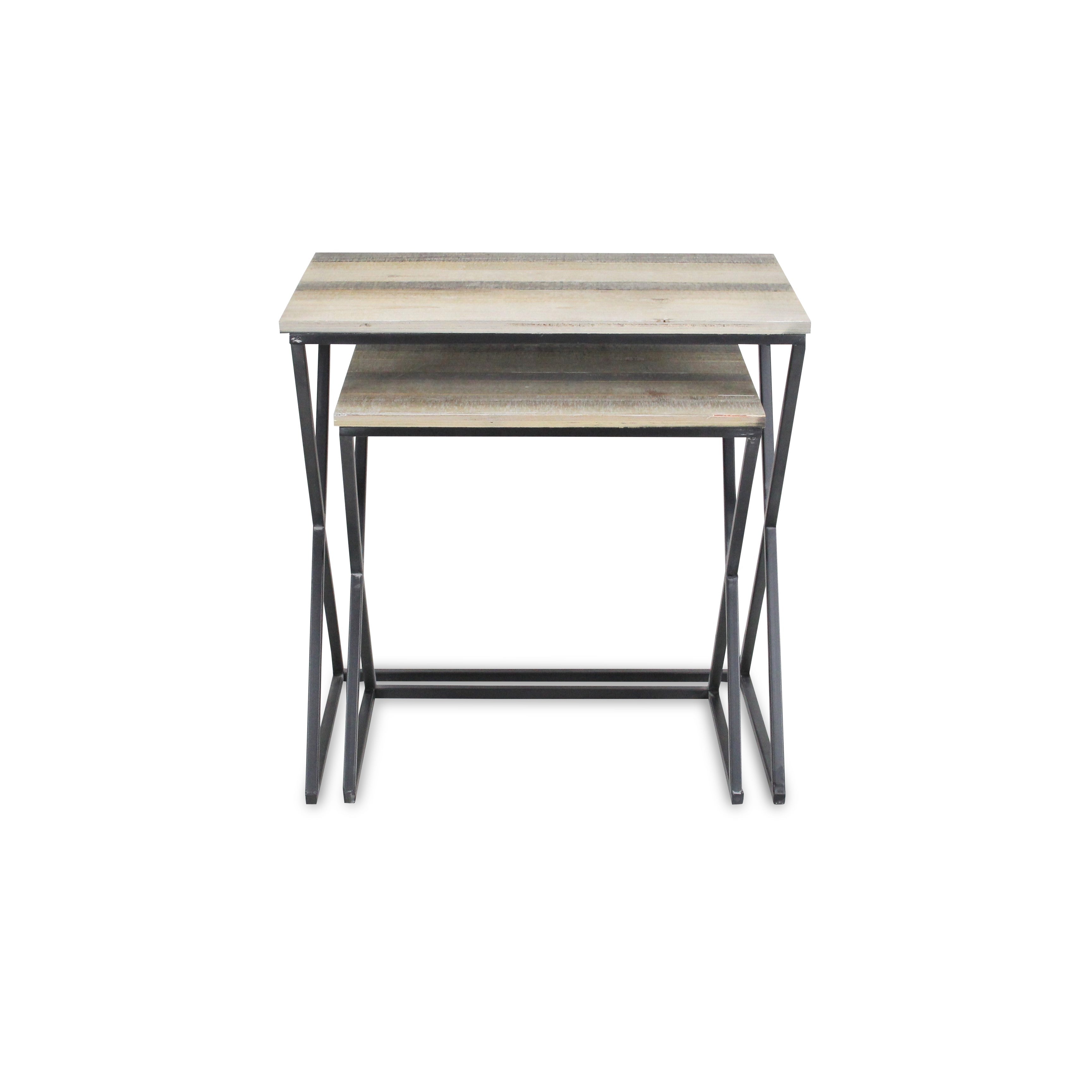 Set of Two Natural and Black Distressed Solid Wood and Steel Frame Nested Tables