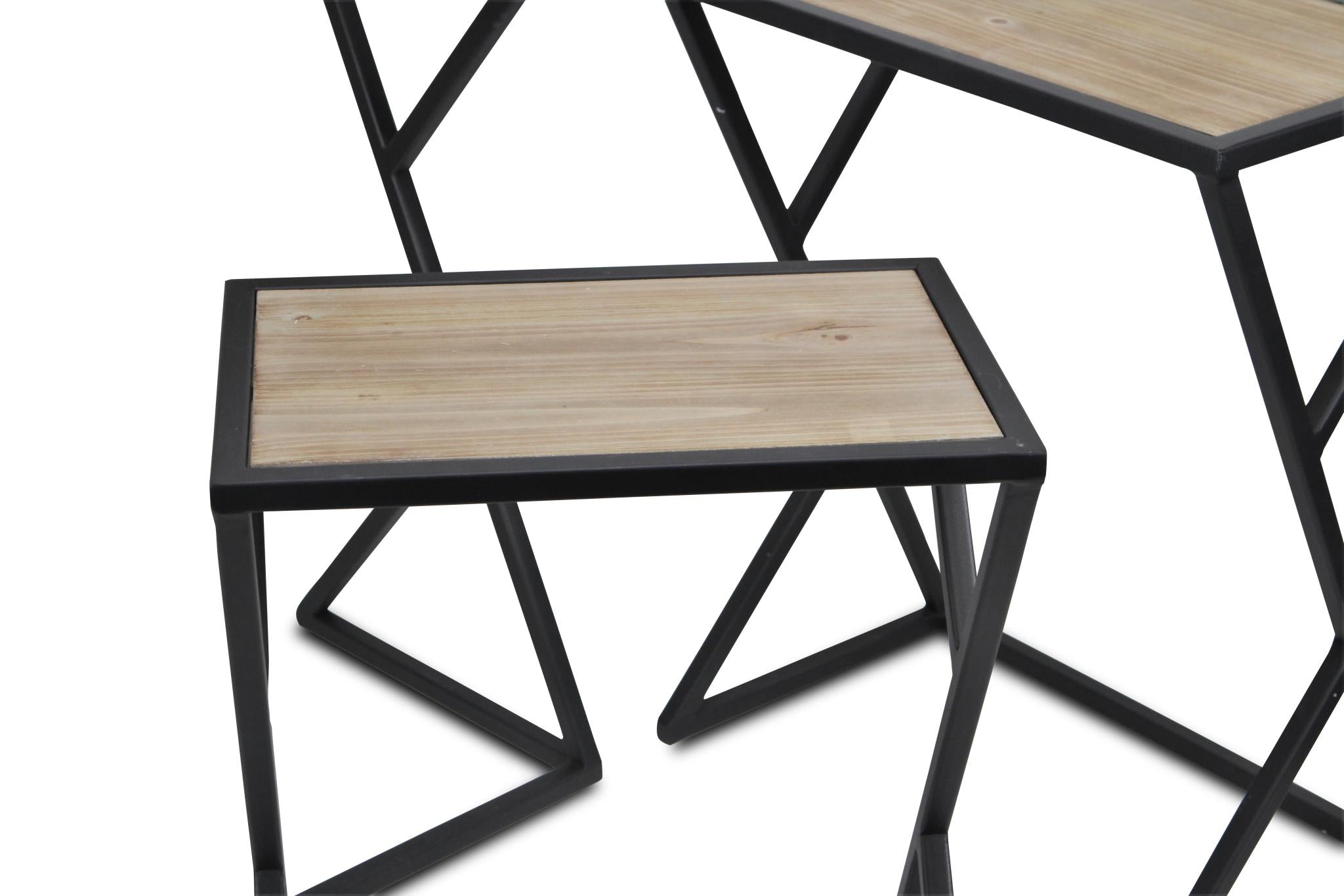 Set of Three Brown and Black Solid Wood and Steel Frame Nested Tables