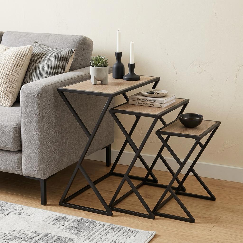 Set of Three Brown and Black Solid Wood and Steel Frame Nested Tables