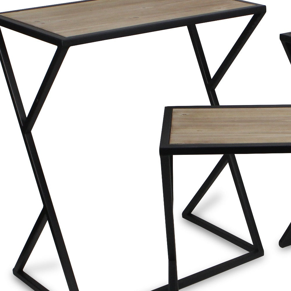 Set of Three Brown and Black Solid Wood and Steel Frame Nested Tables
