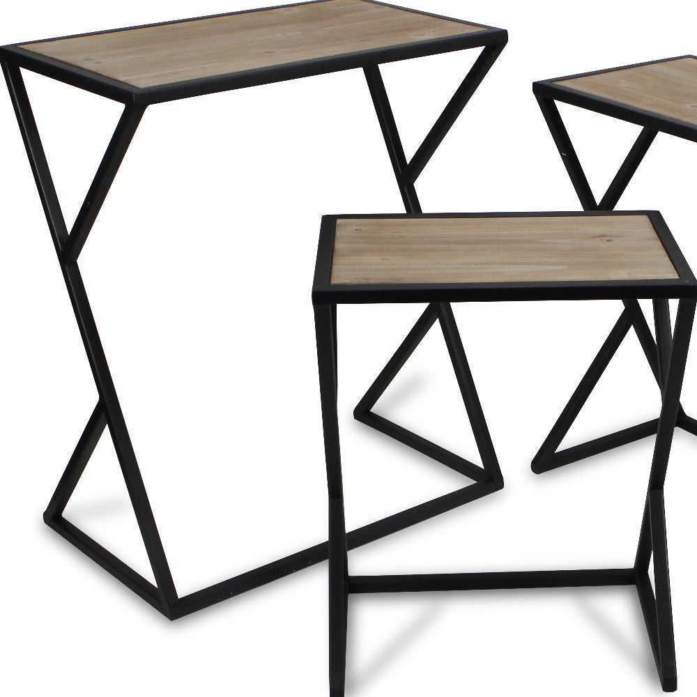 Set of Three Brown and Black Solid Wood and Steel Frame Nested Tables