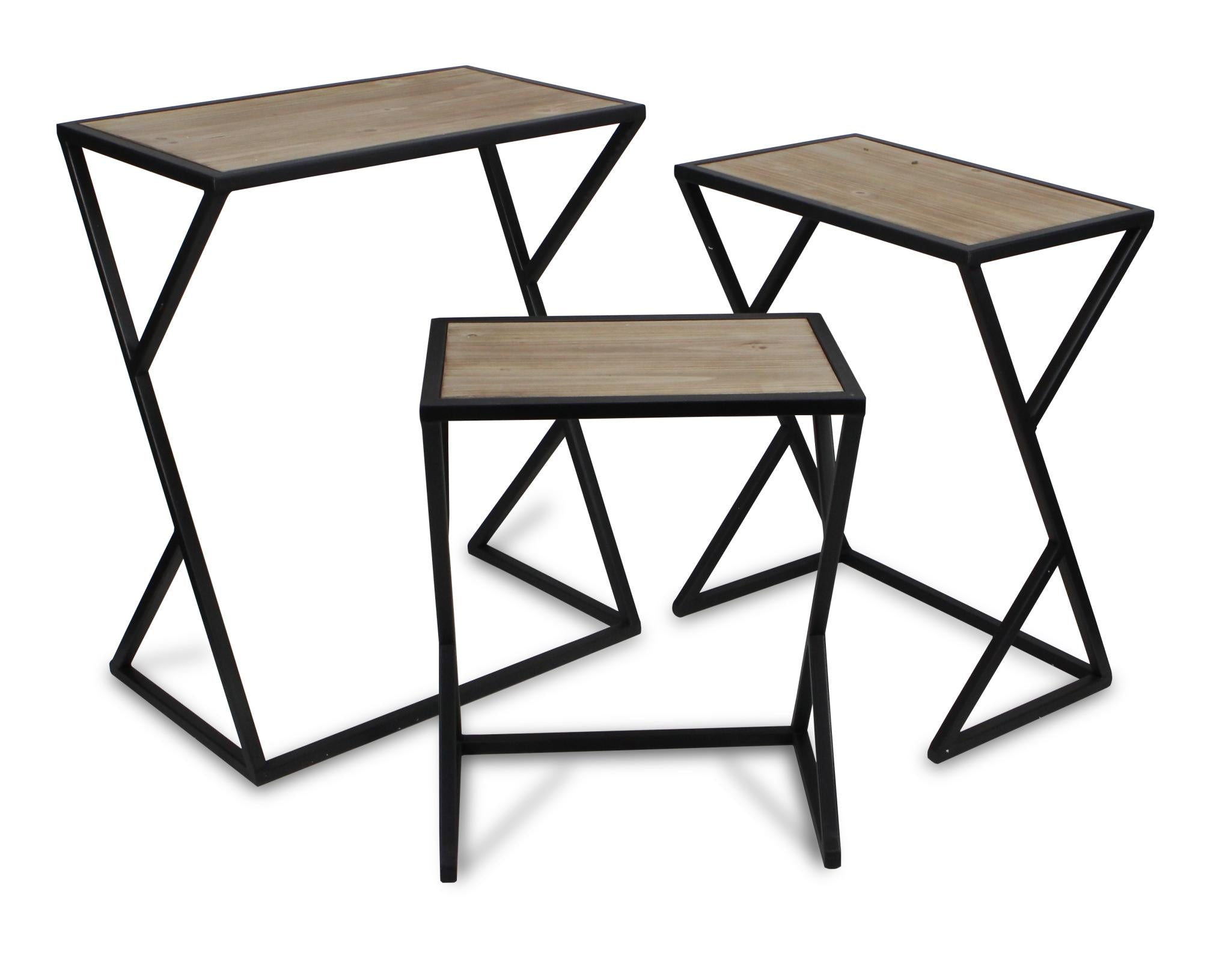 Set of Three Brown and Black Solid Wood and Steel Frame Nested Tables