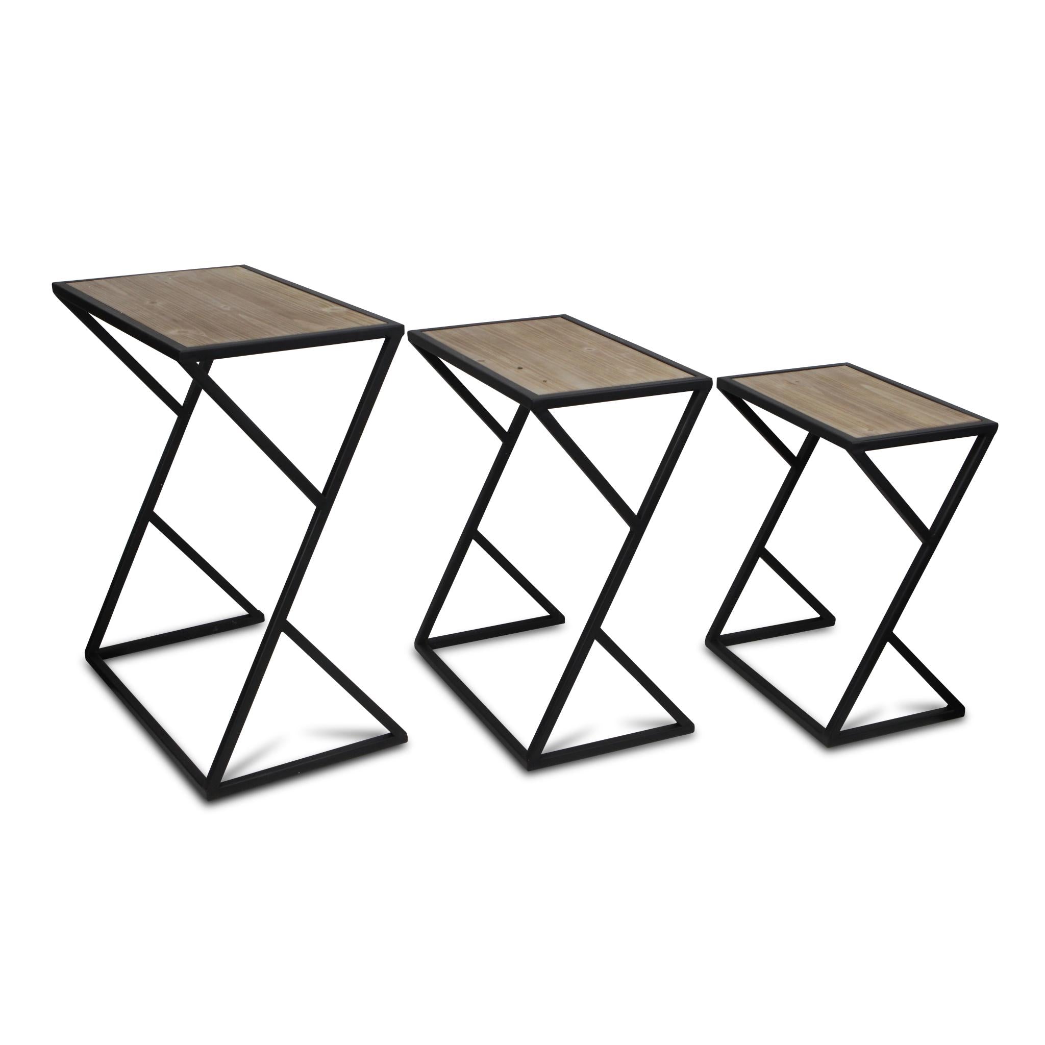 Set of Three Brown and Black Solid Wood and Steel Frame Nested Tables