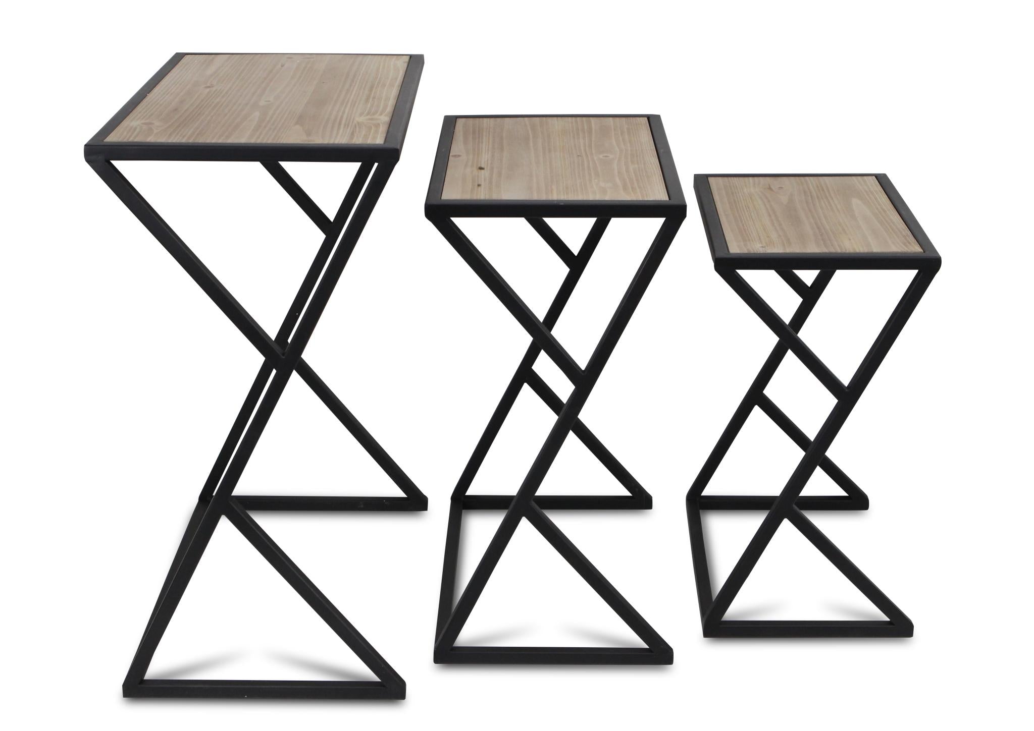 Set of Three Brown and Black Solid Wood and Steel Frame Nested Tables