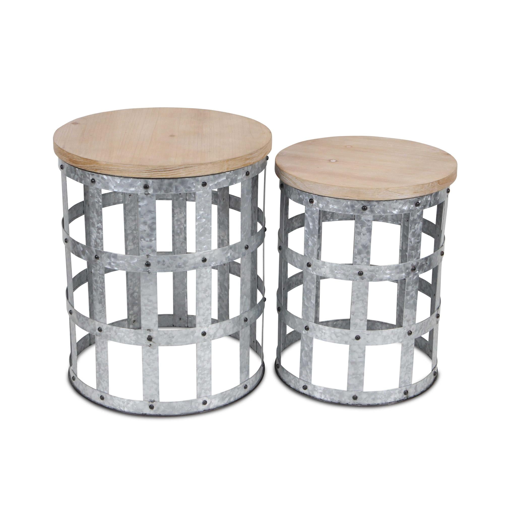 Set Of Two 19" Gray And Brown Solid Wood And Steel Round Nested Tables