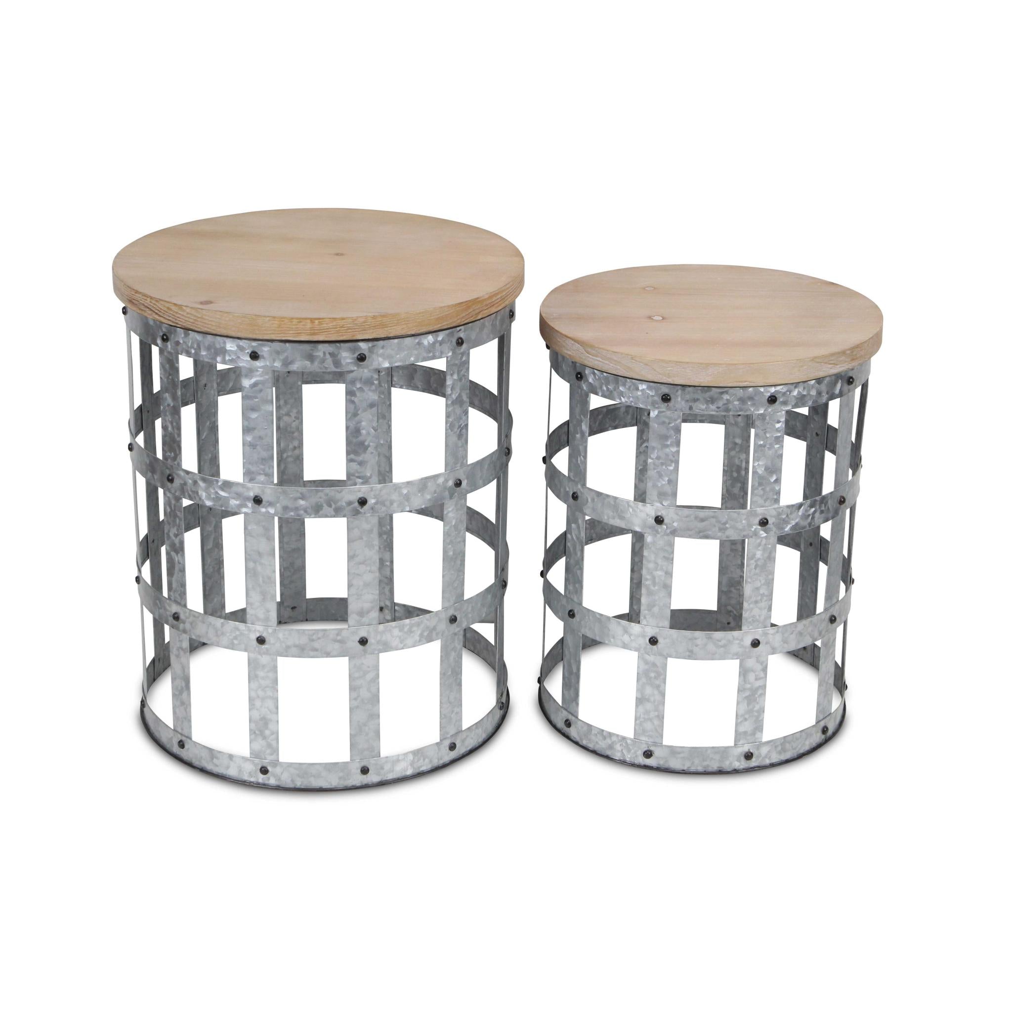 Set Of Two 19" Gray And Brown Solid Wood And Steel Round Nested Tables