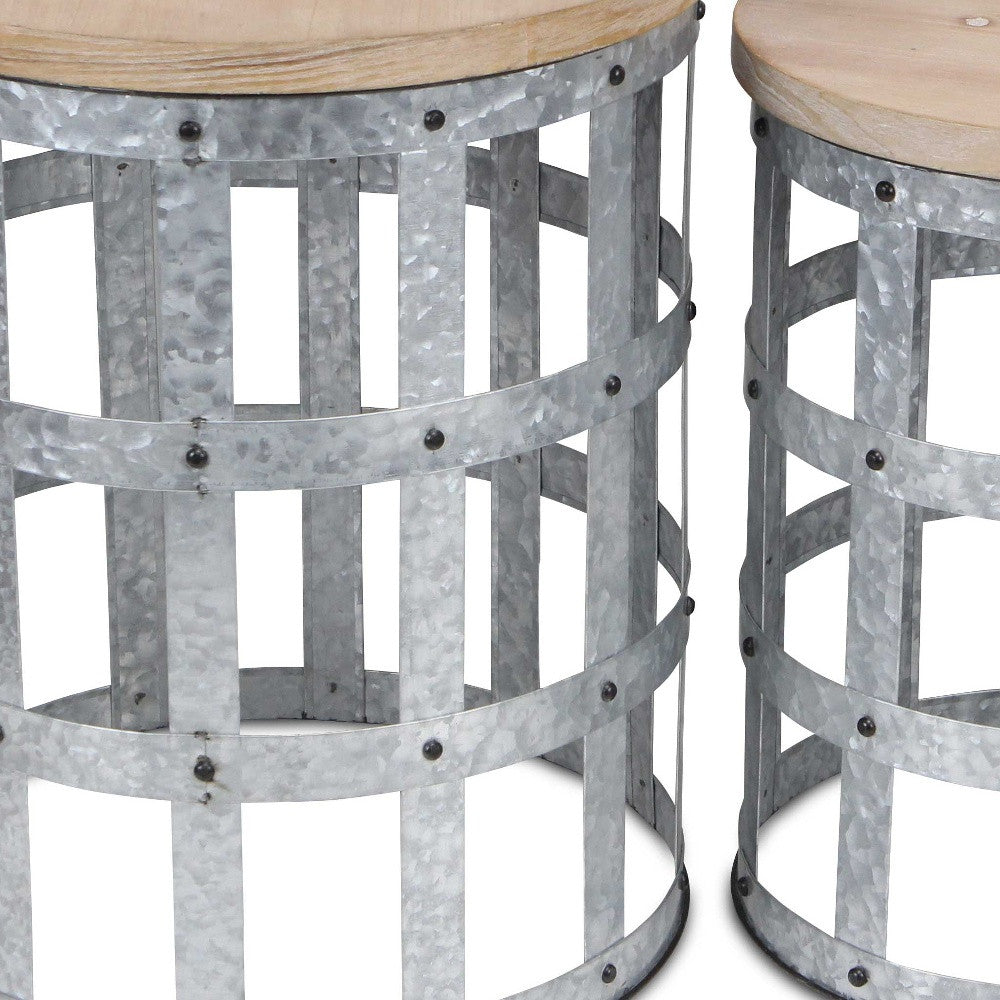 Set Of Two 19" Gray And Brown Solid Wood And Steel Round Nested Tables