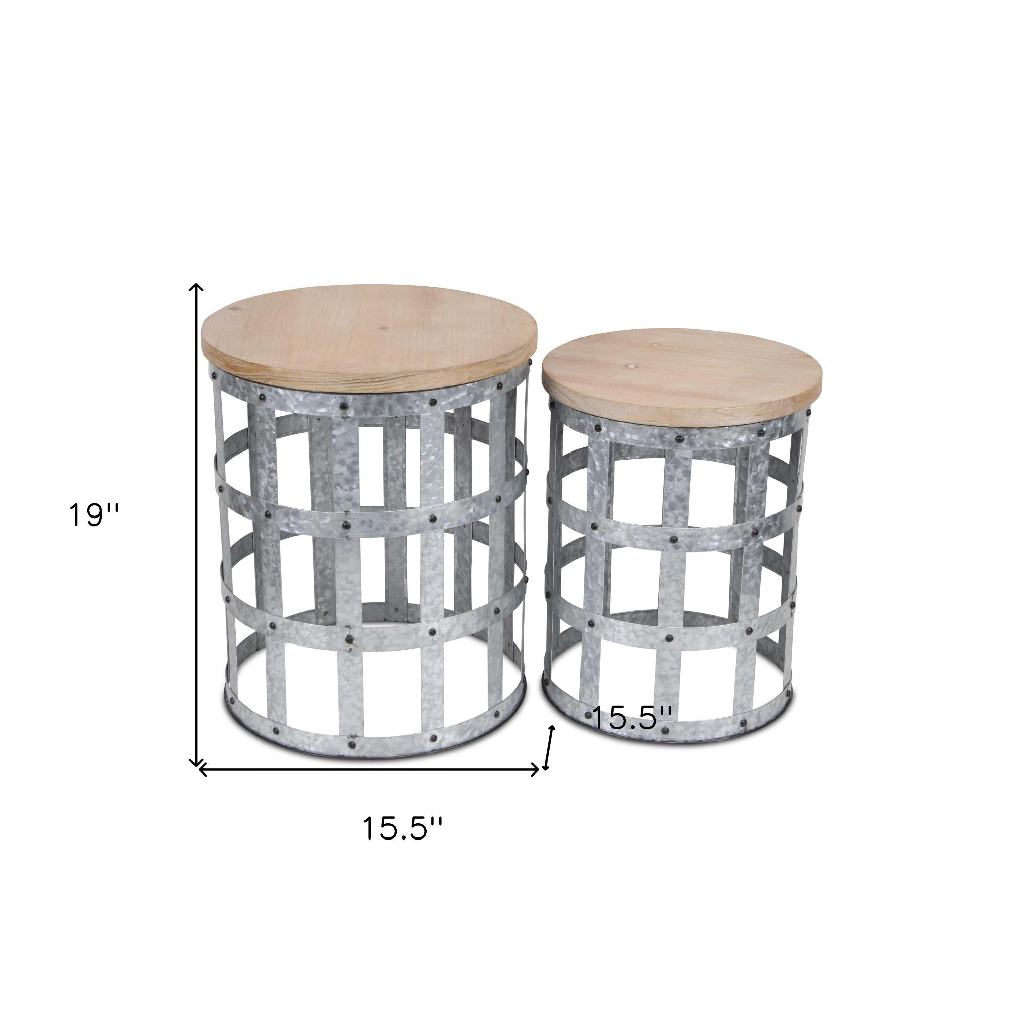 Set Of Two 19" Gray And Brown Solid Wood And Steel Round Nested Tables