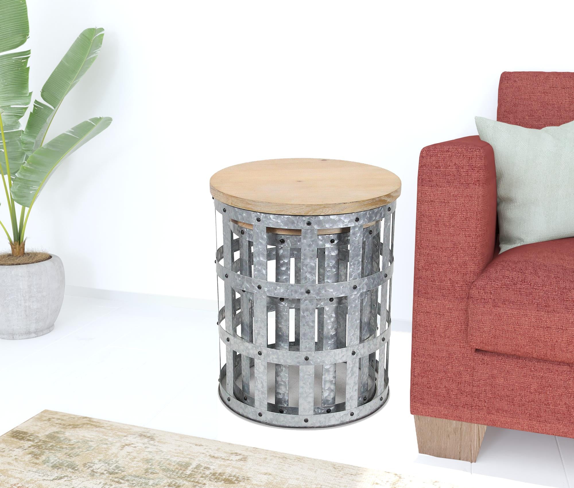Set Of Two 19" Gray And Brown Solid Wood And Steel Round Nested Tables