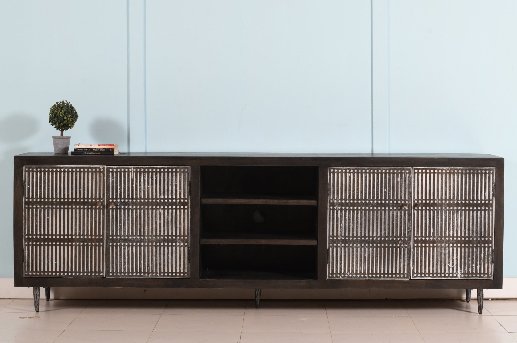 92" Dark Brown Carved Geometric Distressed Solid Wood Enclosed and Open Storage TV Stand