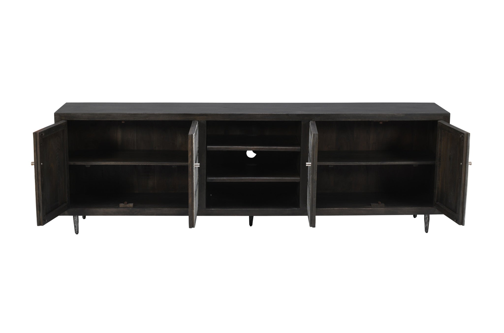 92" Dark Brown Carved Geometric Distressed Solid Wood Enclosed and Open Storage TV Stand
