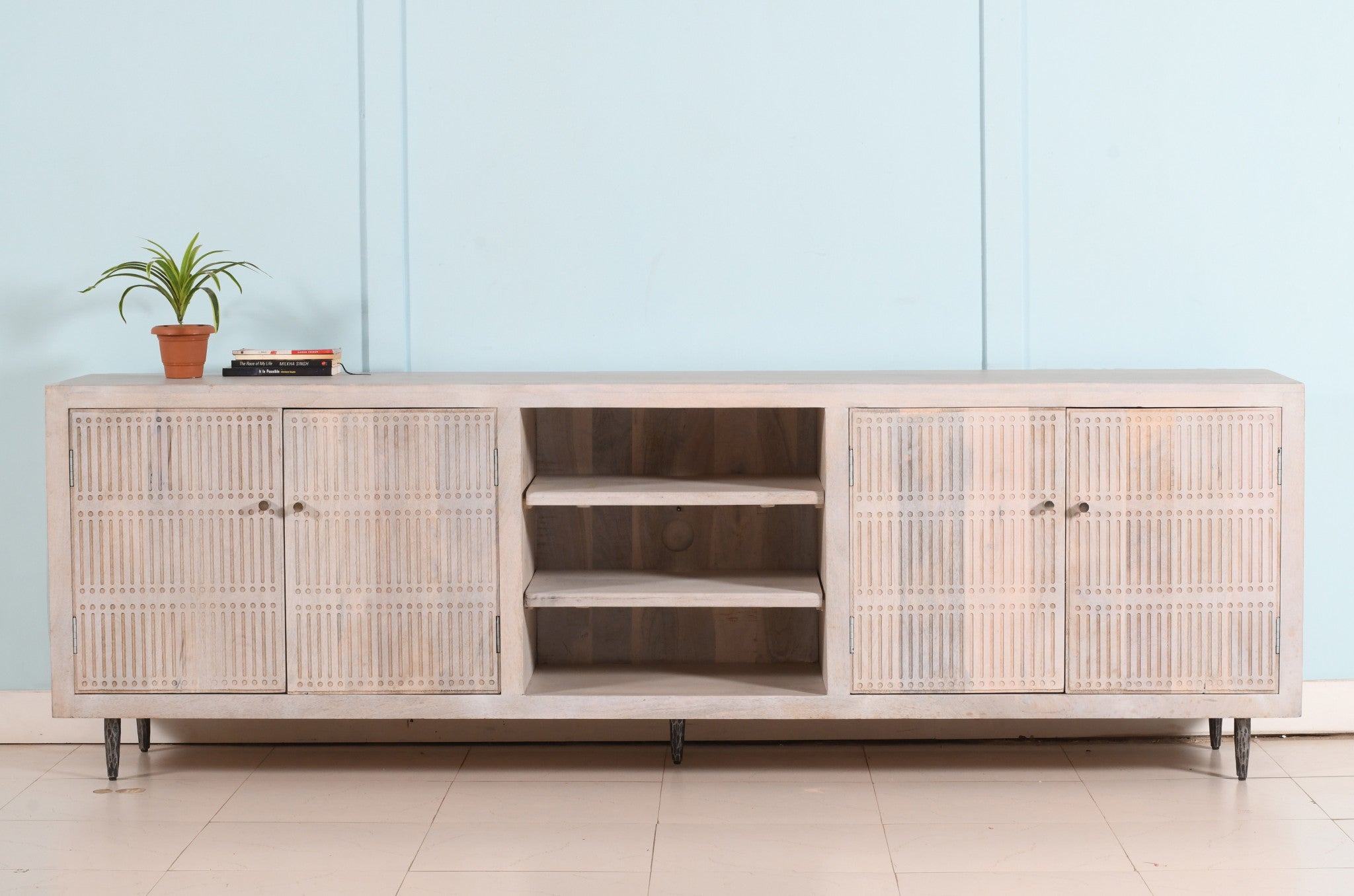 92" Ivory Carved Geometric Distressed Solid Wood Enclosed and Open Storage TV Stand