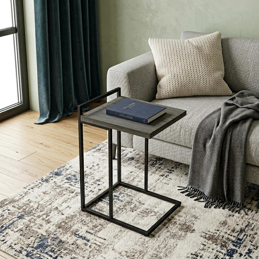 27" Dark Gray and Black Wood and Iron End Table