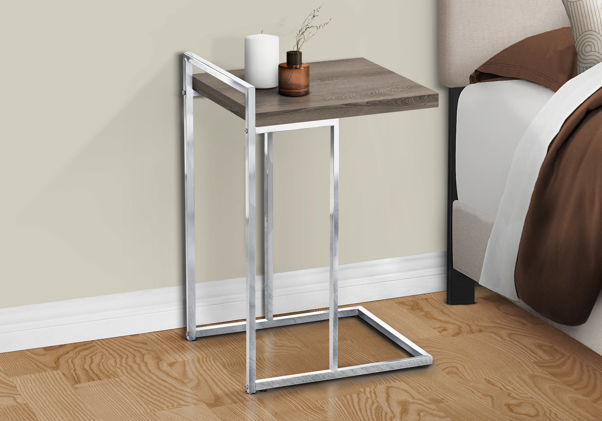 27" Taupe and Silver Wood and Iron End Table