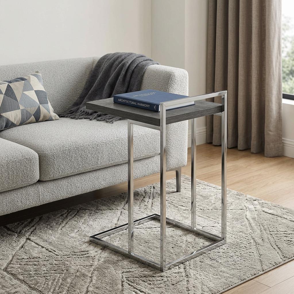27" Dark Gray and Silver Wood and Iron End Table