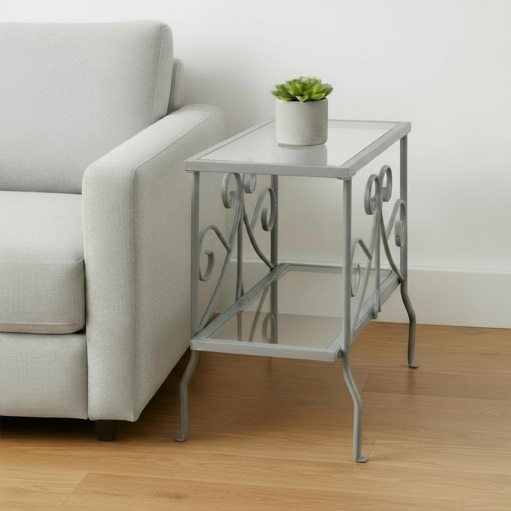 22" Silver And Clear Metal And Tempered Glass End Table With Shelf