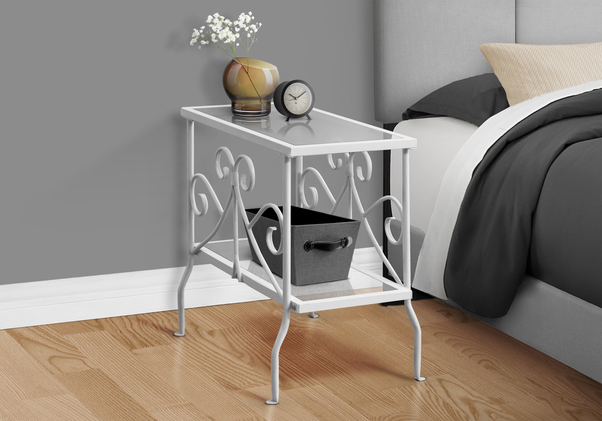 22" White And Clear Metal And Tempered Glass End Table With Shelf
