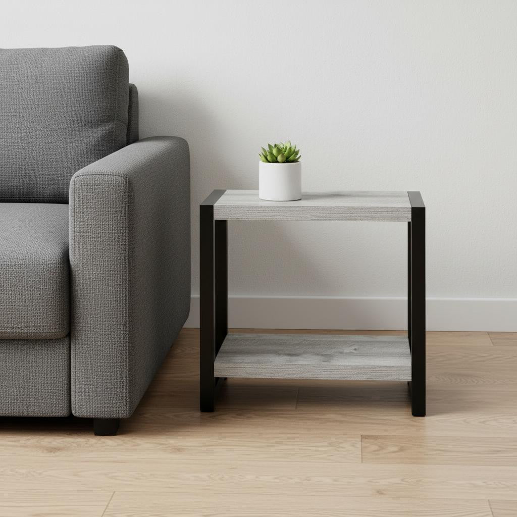22" Gray And Black Wood And Metal Frame End Table With Shelf